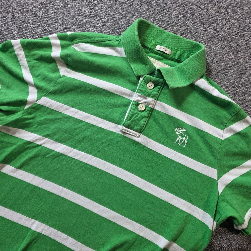 Abercrombis & Fitch Polo Shirt Mens Moose Green White Stripe Button Collared Y2K
